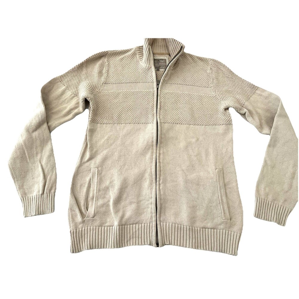 Guess Beige Full-Zip Cable Knit Cardigan Sweater Cotton Mens M Nautical Academia